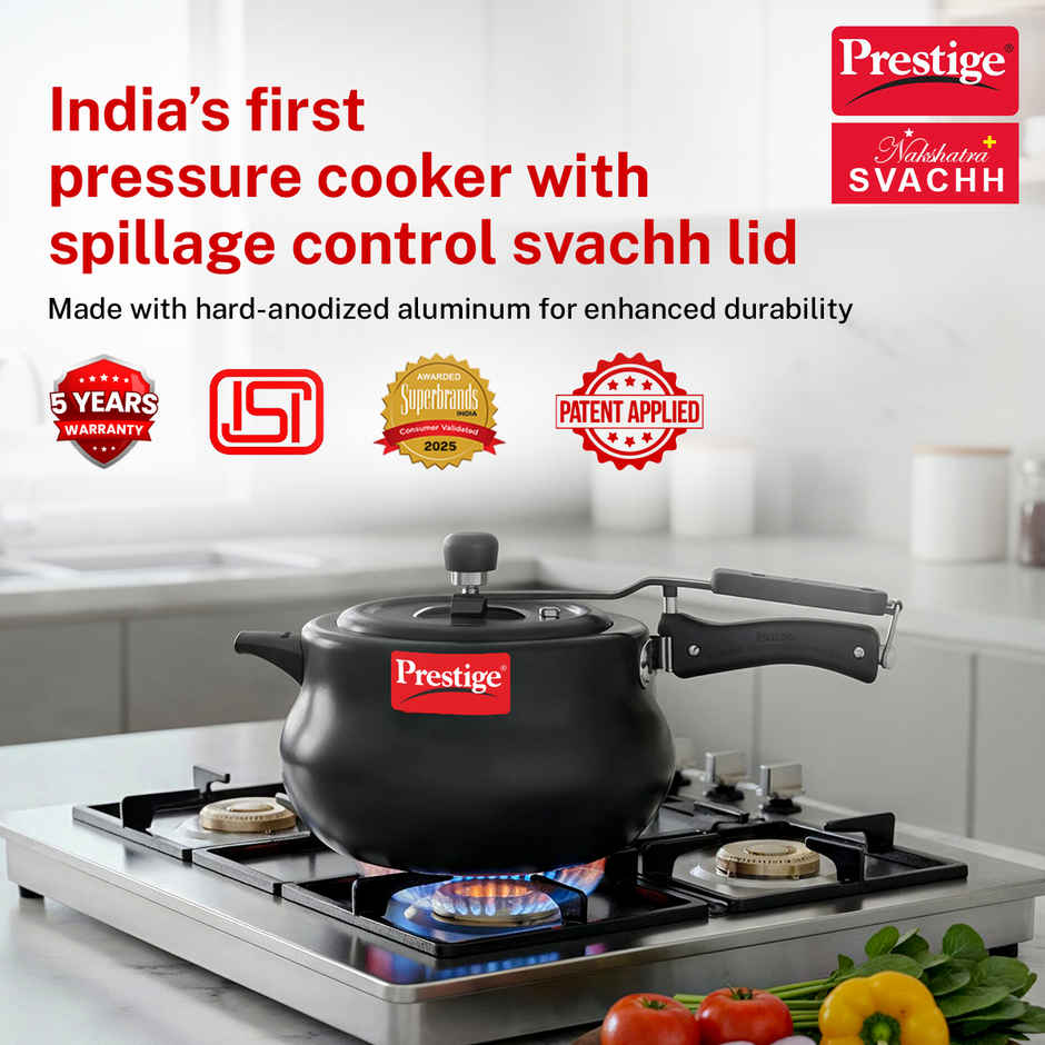 Prestige Nakshatra+ SvachhHA AluminiumHandi PressureCooker 5L,Metallic Safety Plug,5Y Warranty,Black