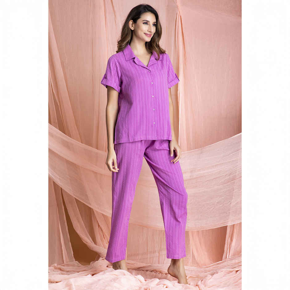 Clovia Sassy Stripes Button Down Shirt & Pyjama - Cotton(Purple - S)