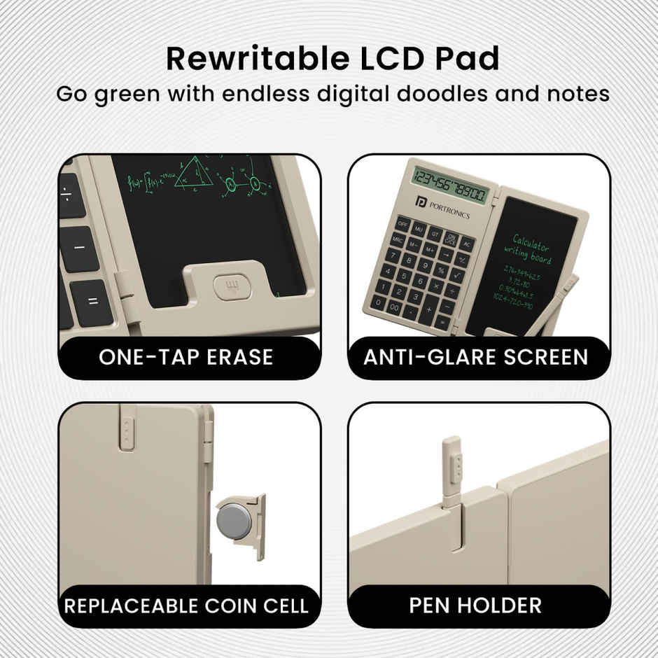 Portronics Ruffpad Calc Mini 2 In 1 Lcd Writing Pad With Digital Calculator - Grey