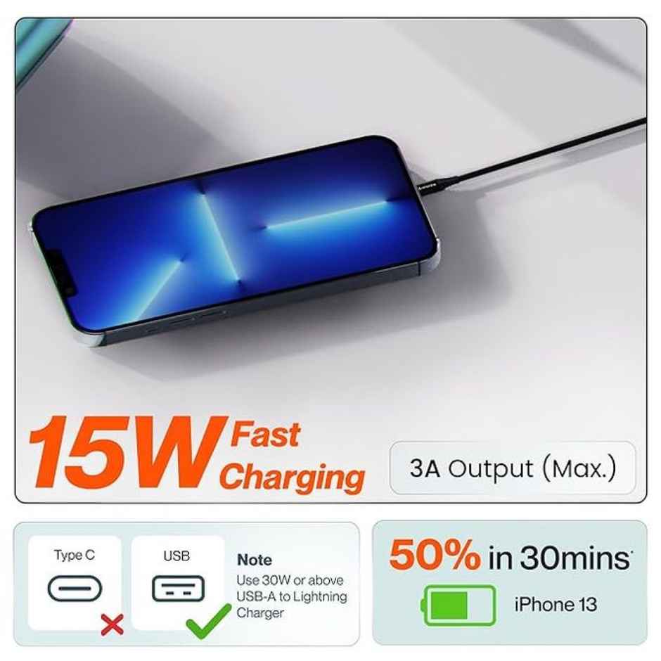 Ambrane RCL -15 USB To Lightning 3A Fast Charging Braided Lightning Cable Compatible For iPhone 14,13, 12,11, X, 8, 7, 6, 5, Ipad, Macbook, Imac, Airpods, 480Mbps Data Sync, 1.5Meter Long - Black