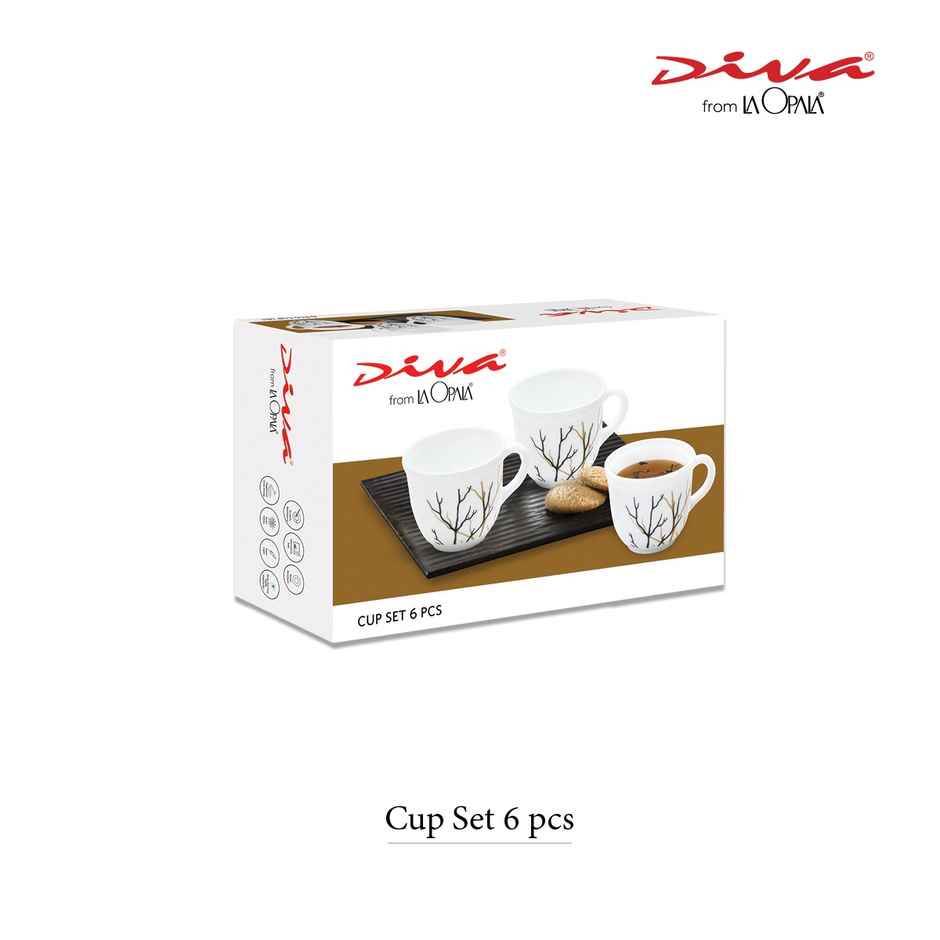 La Opala Diva Cup Set Tulip 160 ml Set of 6 Aster Blue Opal Glass Cups for Tea & Coffee, White