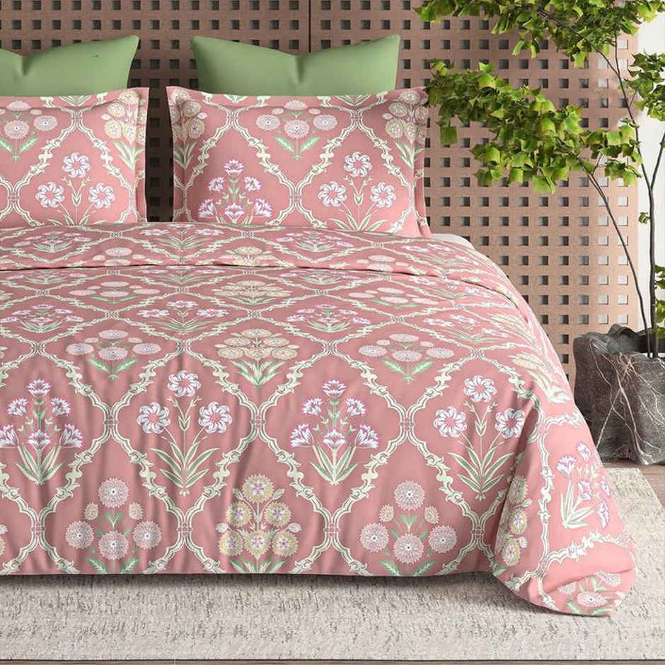 Furnofy Premium King Size Jaipuri Bedsheet | With 2 Pillow Covers | Light Pink & Green, 108x108in