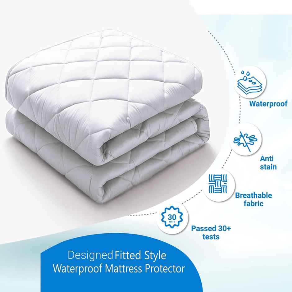 BAY6 White Quilted Microfiber Cotton 350 GSM Mattress Protector For Queen Size Bed