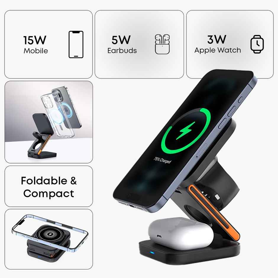 pTron Volitera Pro 3-In-1 23W Wireless Charger & Magnetic Stand For Iphone | Airpods - Black