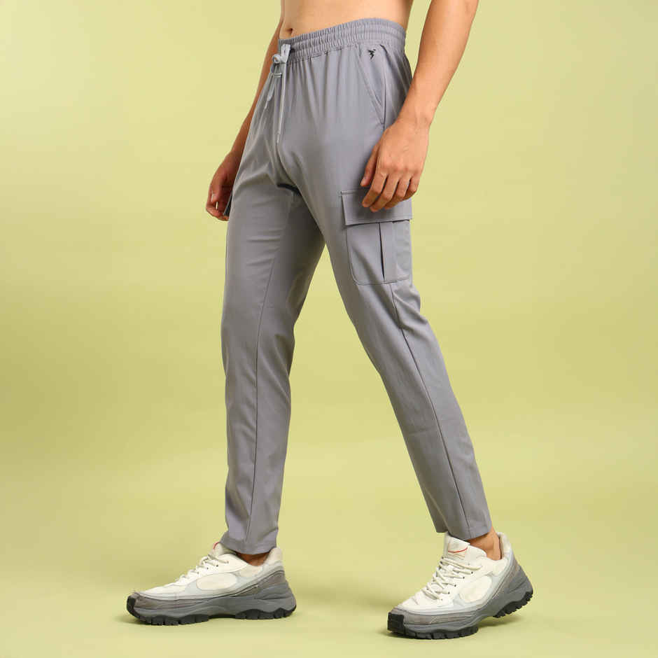 Technosport Men Poly Solid Relax Fit Sports Cargo Trackpants with TS FLEXI | Light Grey | XL