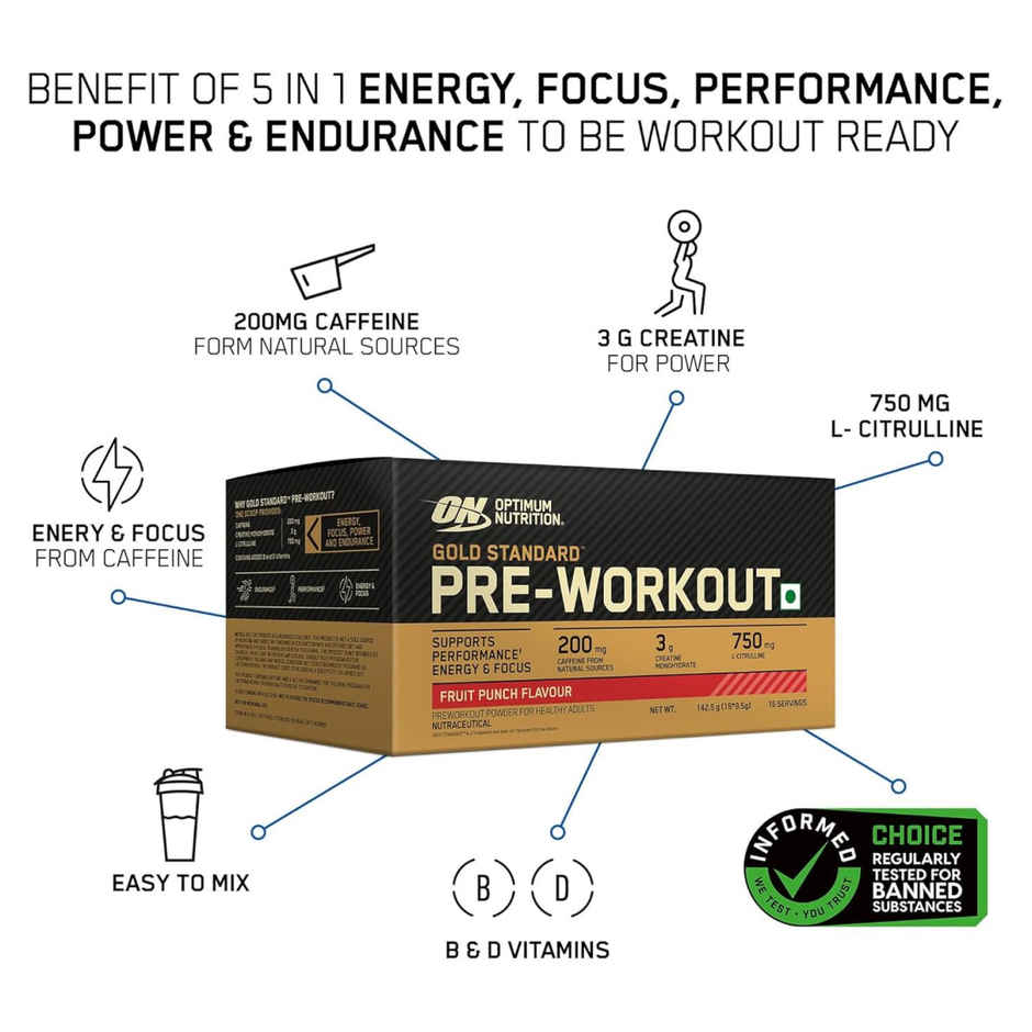 Optimum Nutrition (On) Pure Whey Gold Standard Powder Double Rich Chocolate 2 Lb (907g) & Optimum Nutrition Pre-Workout Fruit Punch Flavour (142.5g) Combo