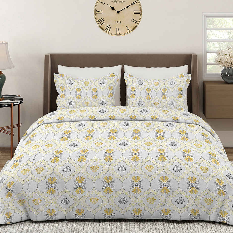Layers Aura 110 GSM Yellow & White Double Bedsheet with 2 Pillow Covers