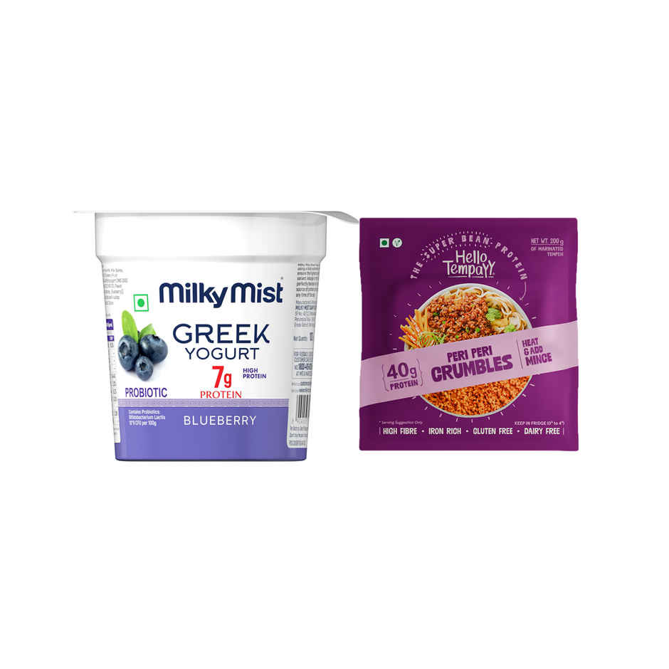 Milky Mist Greek Yogurt Blueberry (100g) & Hello Tempayy 40G Protein Tempeh Crumbles | Peri Peri | Heat & Add (200g) Combo