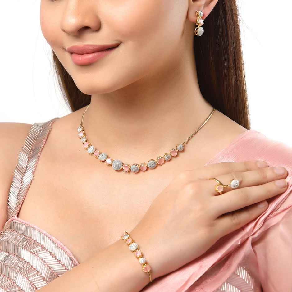 Zeneme Gold-Plated Pink & White American Diamond Studded Jewellery Set For Women & Girls
