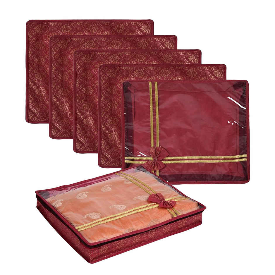 Kuber Industries Pack of 6 Bow Golden Printed Saree Cover | 3 Inch Cloth Packing Bags | Maroon