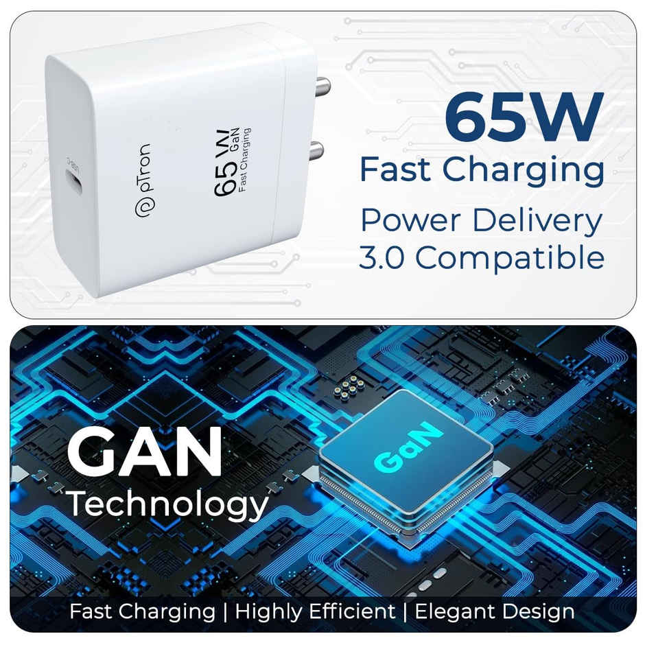 pTron Volta FC23 65W GaN TypeC-/PD Charger For MacBook Pro/Air, Dell Xps, iPhones - White