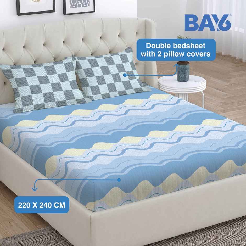 BAY6 Microfibre Geometric Print Double Bedsheet with 2 Pillow Covers | Blue | 87 x 94 in