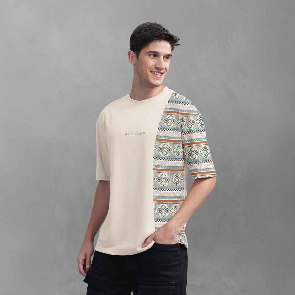 Bullmer Men's Oversized T-shirt Front and Back Printed | Beige | L