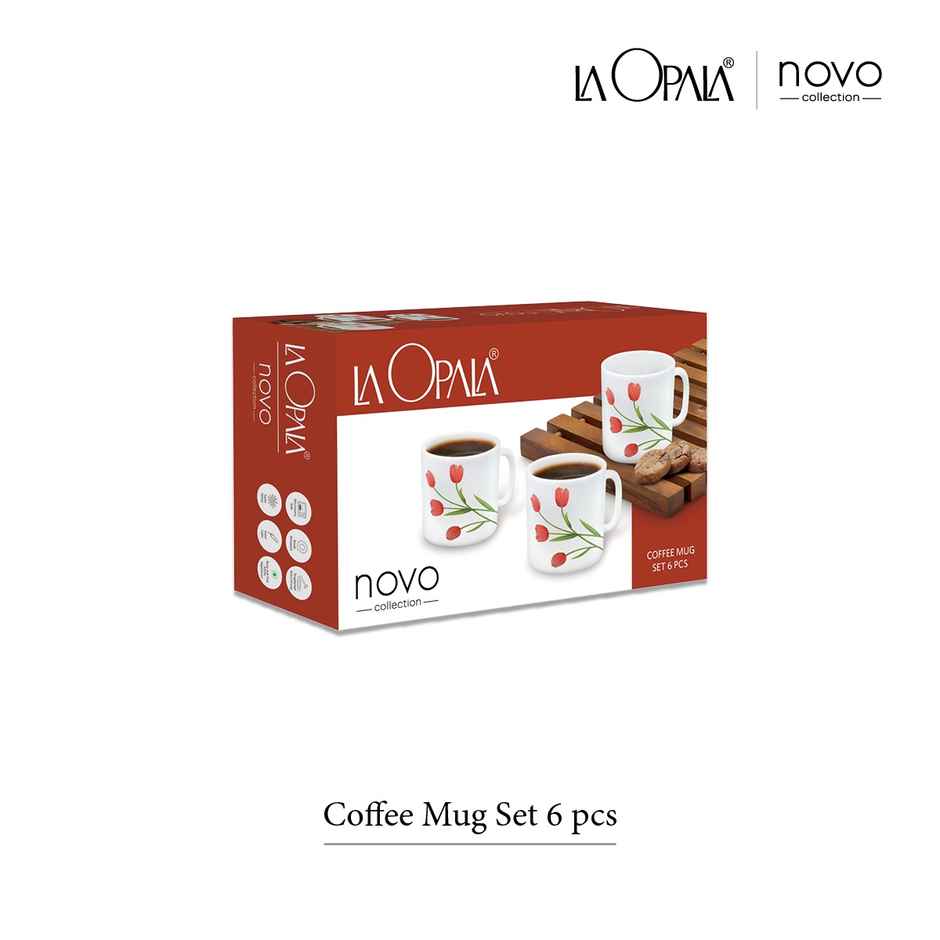 La Opala Novo Coffee Mug 190 ml Set of 6 Silken Charm Opal Glass Mugs for Tea & Coffee, White