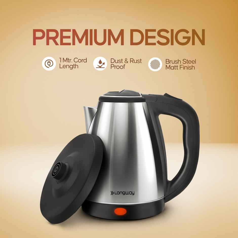 Longway Kestro Electric Kettle with Stainless Steel Body, 2L Capacity, ,1500 Watt - Silver & Black