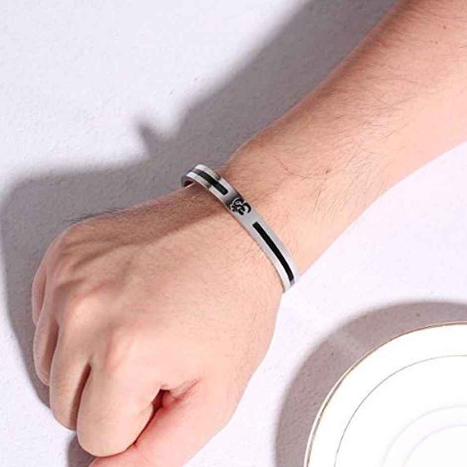 Peora Stainless Steel Buddha Namaste Ohm Om Aum Sanskrit Symbol Cuff Bracelet Kada For Mens