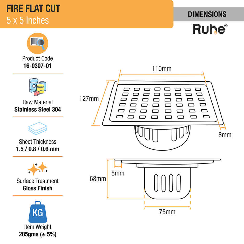 Ruhe Fire Square 304-Grade Floor Drain with Cockroach Trap (5 x 5 Inches)