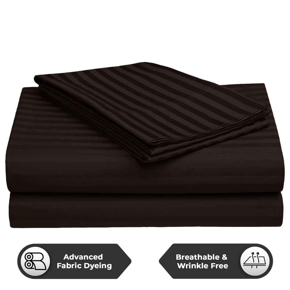 Story@Home 300 TC Dark Brown Stripes Microfiber Double Size bedsheet with 2 Pillow Covers