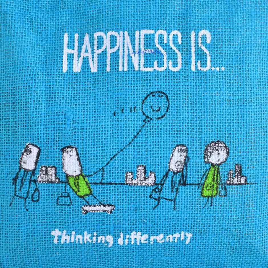 Kuber Industries Blue Happiness Medium Grocery Bag|Lunch Bags for Office with Zipp & Handle|Brown