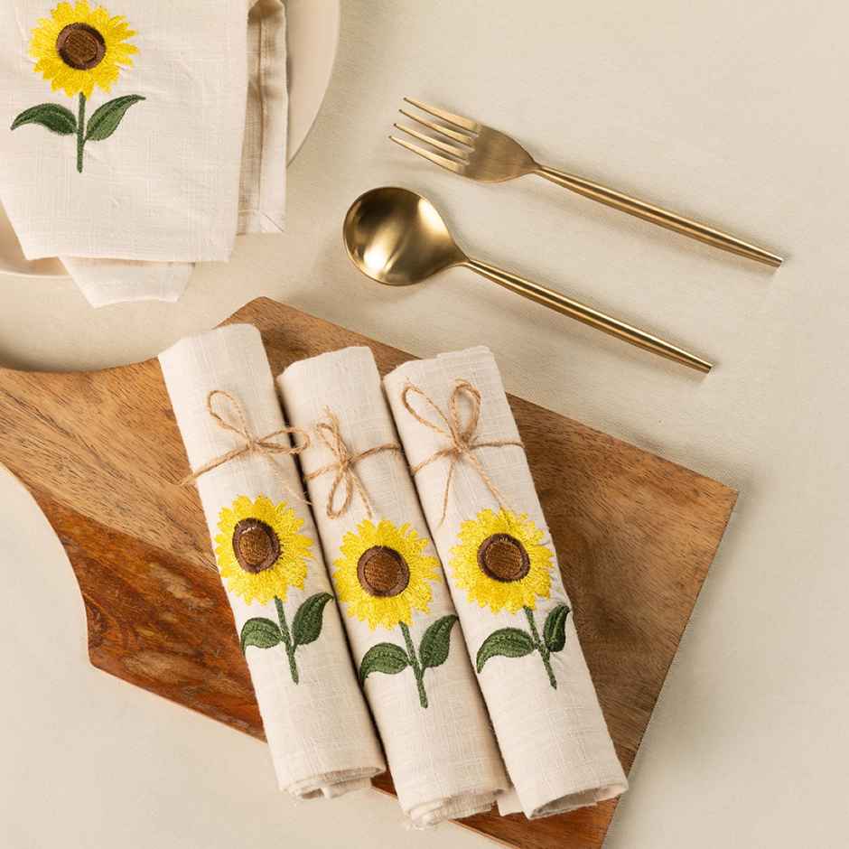 Glimpse Homes Amber Sunflower Cotton Slub Napkins |Set of 4|