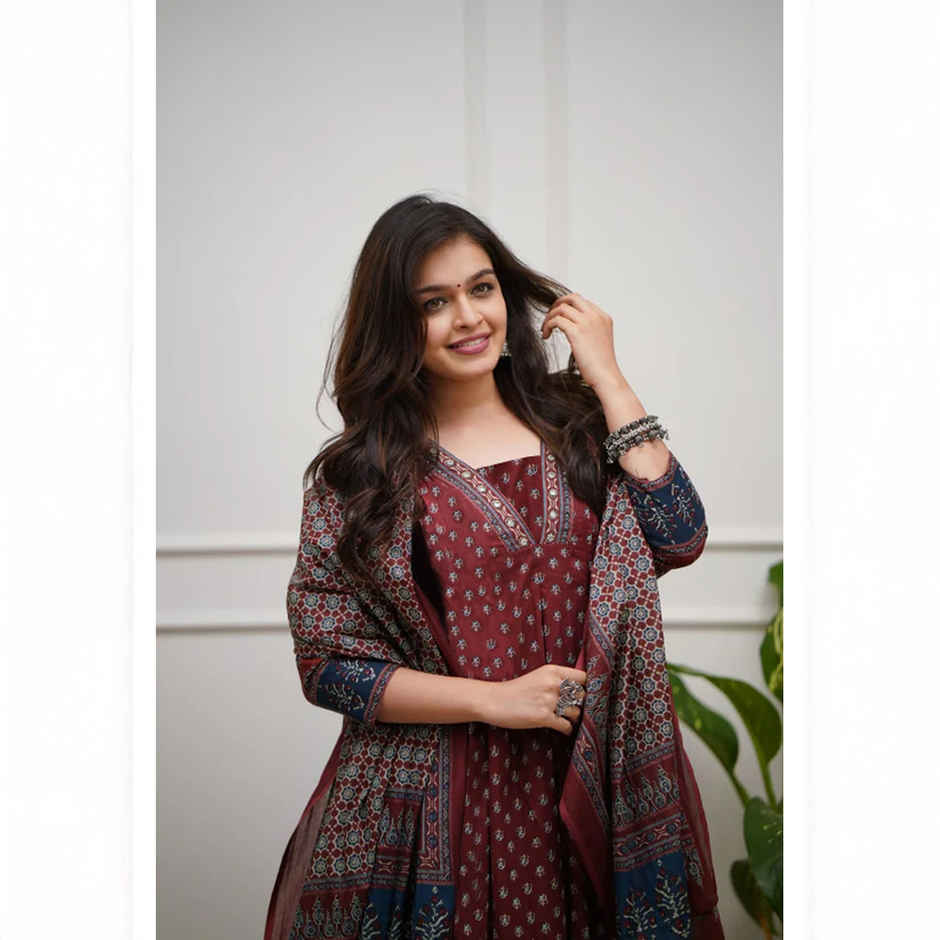 GoSriKi Women's Viscose Rayon Anarkali Printed Kurta with Pant & Dupatta | NAKULA | Wine - XL