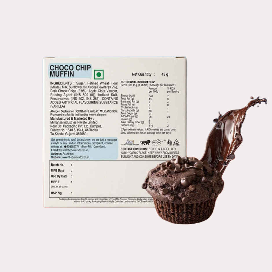 The Baker's Dozen Choco Chip Muffin | Dark Chocolate Chips | Eggless | Veg Cake | Bakery Delight