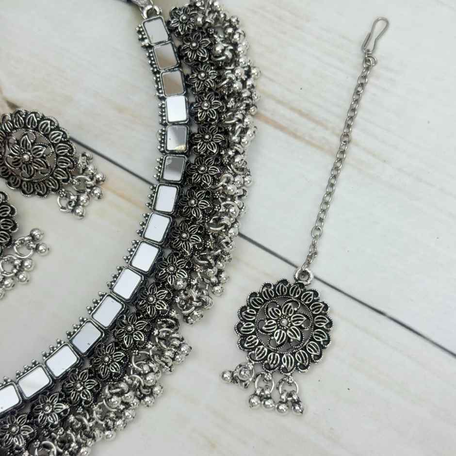 The Opal Factory Silver Oxidised Ghungroo | Flower Design Choker Necklace | Earrings | Mangtika -M