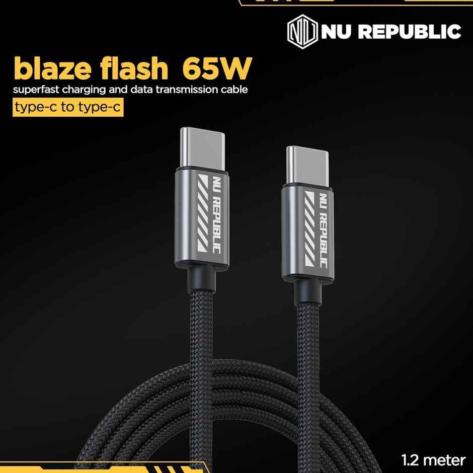 Nu Republic Blaze Flash 65W Type-C to Type-C Fast Charge Cable (Compatible with Mobile, Tablet, Laptop, One Cable),Type C 1.25 m - Grey