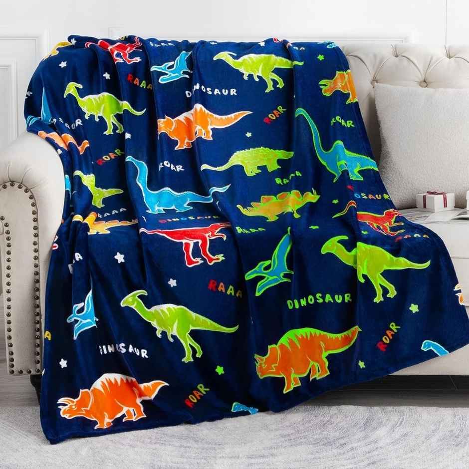 Famyo Glow Blanket | Dark Blue Dinosaur Queen Size AC Blanket for Ages 3 & Up - 200 x 152 cm