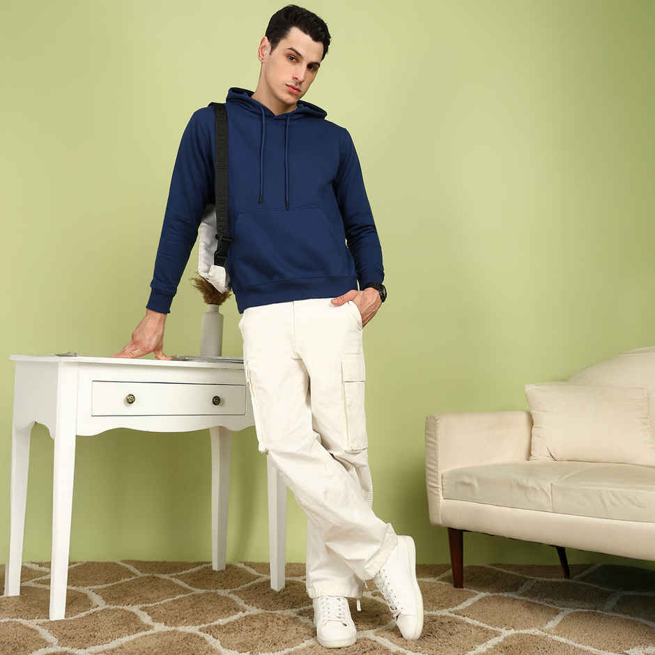 Alan Jones Clothing Men's Solid Hooded Sweatshirt | Regular Fit | Cobalt Blue - XL