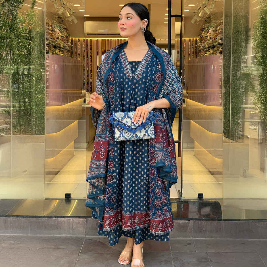 GoSriKi Women's Viscose Rayon Anarkali Printed Kurta with Pant & Dupatta | NAKULA | Blue - S