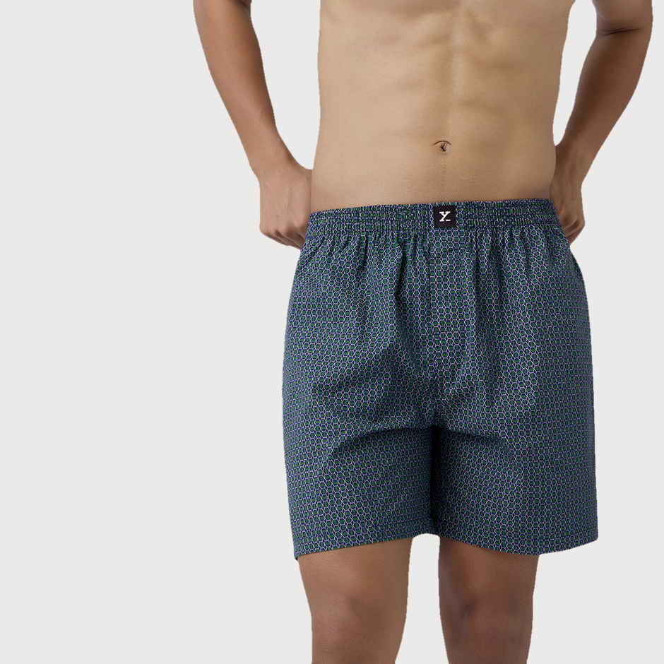 XYXX Men's Cotton Printed Boxer Shorts with Side Pockets, Green Hexagon| S