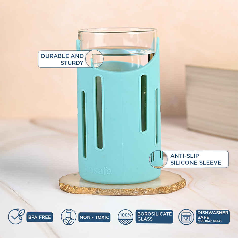 Glasafe Grip 'N' Sip Borosilicate Drinkig Glass With Protective Silicone Sleeve (Mellow Mist) 350Ml