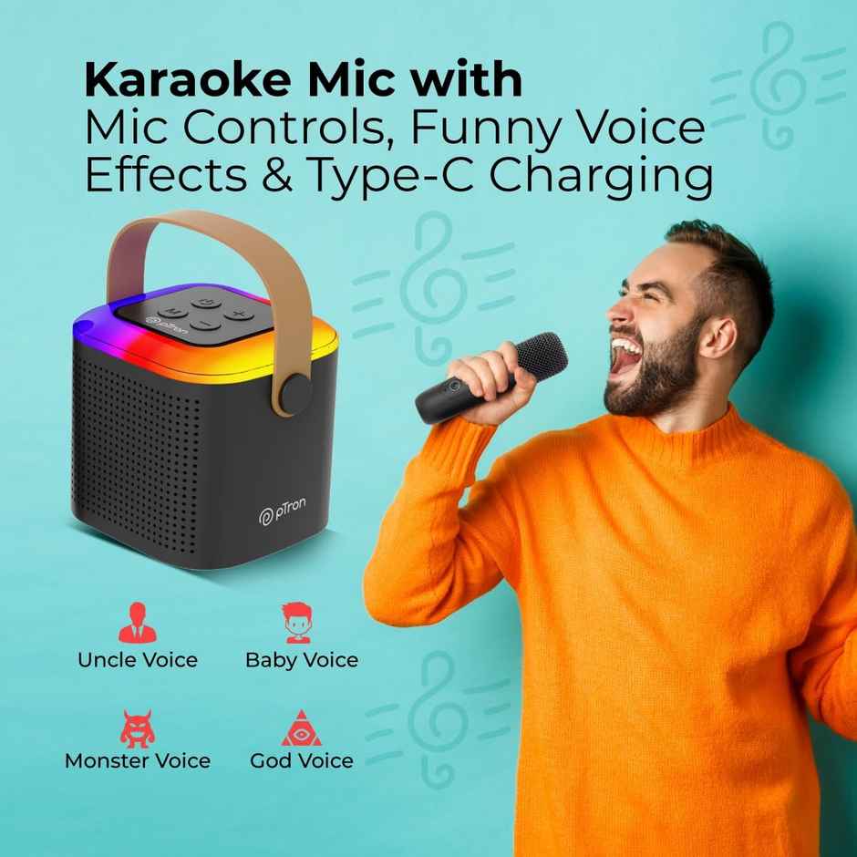pTron Fusion Tunes 10W Bluetooth Speaker | Wireless Karaoke Mic | RGB Lights | 8Hrs Playtime - Black