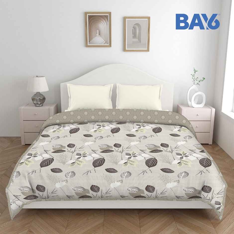 BAY6 Microfibre Leaf Print Double Bed Dohar - Beige & Brown | 220 x 240 cm
