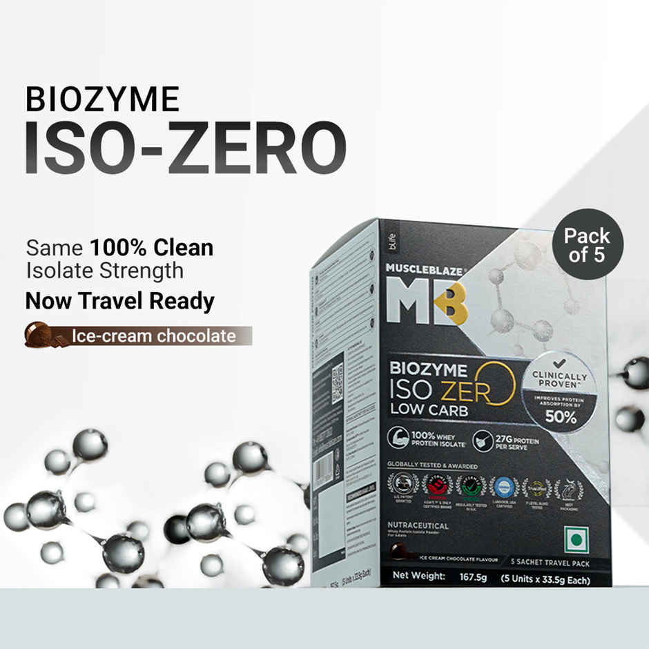 MuscleBlaze Biozyme Iso Zero Whey Protein Isolate Ice Cream Chocolate 5 Sachet Travel Pack