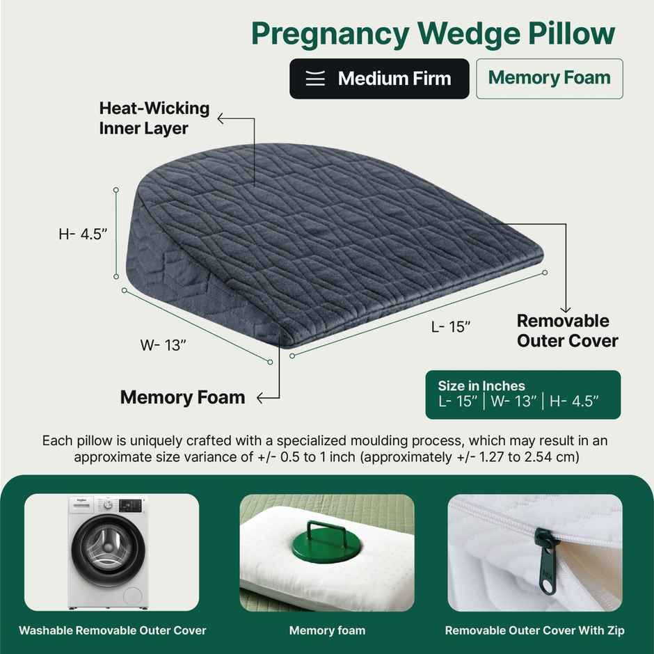 The White Willow Pregnancy Pillow | Memory Foam Wedge Cushion for Belly & Side Sleep Support - Grey