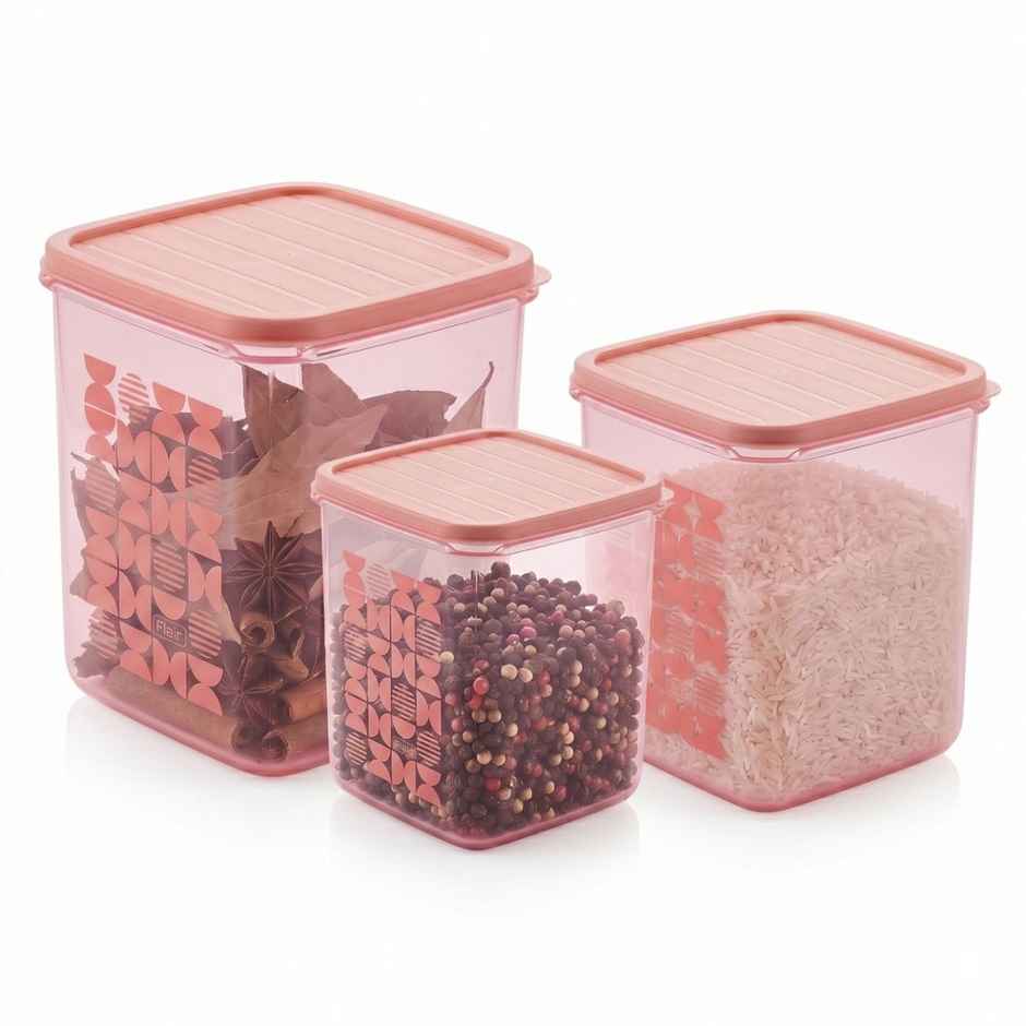FLAIR Plastic Storewell Square Containers Set | Pink - 2 L , 3L & 4 L