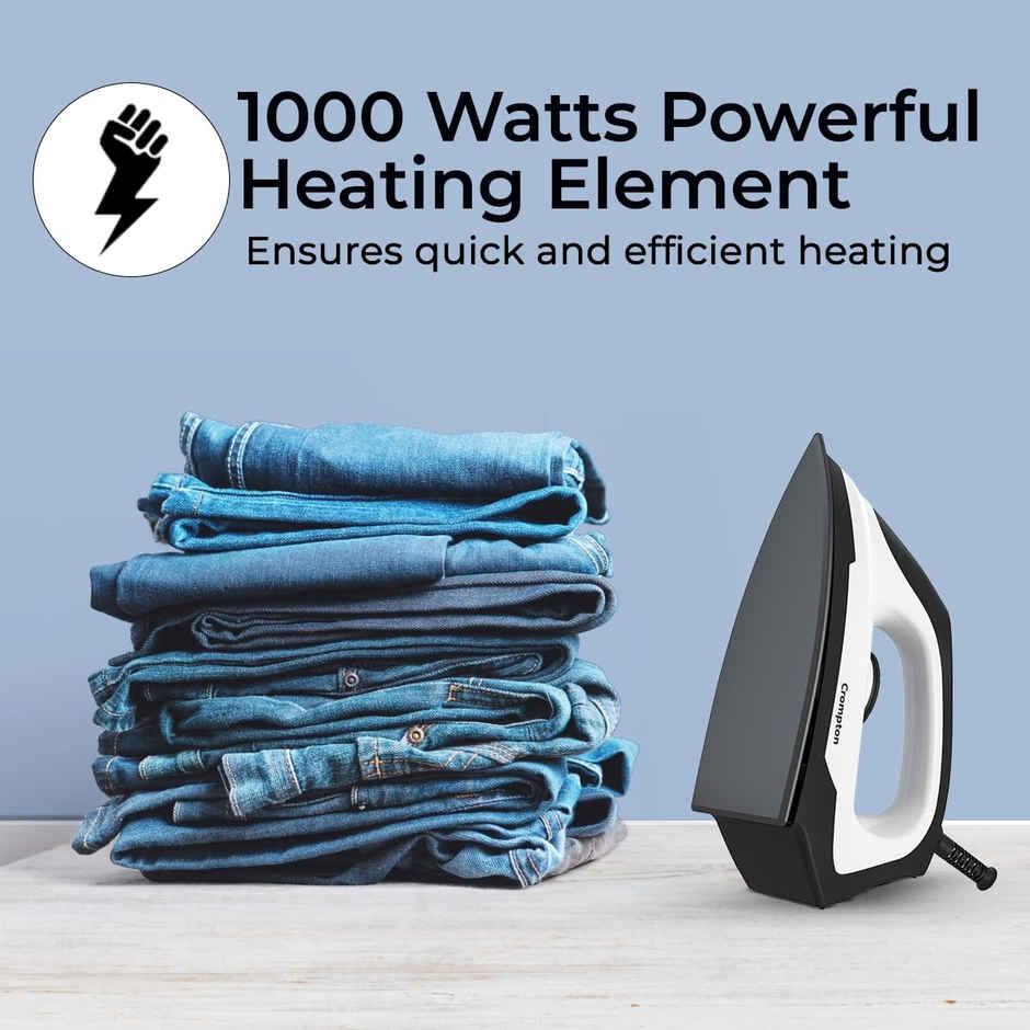 Crompton Cromyon 1000W Iron | Non-Stick Soleplate | 6 Fabric Settings | White & Black