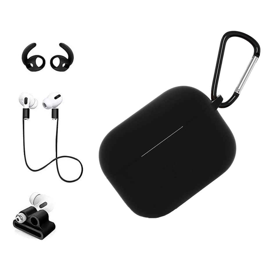 Sounce Premium Silicone Soft Case Cover for AirPods Pro | 5-in-1 Set with Keychain | Black