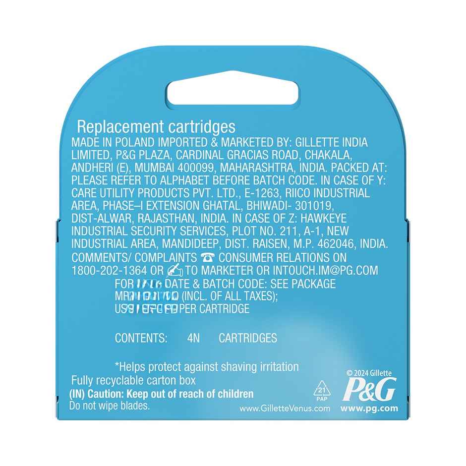 Gillette Venus Hair Removal Razor Blades/Refills/Cartridges For Women 4s (Aloe Vera Glidestrip)