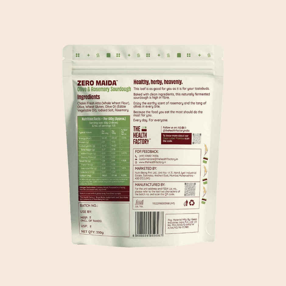 The Health Factory Olive & Rosemary Sourdough | Zero Maida | No Added Sugar | No Added Yeast