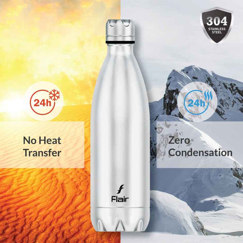 Flair Thermosteel Triumph 500Ml Insulated Bottle Silver & Black, Keeps Drinks Hot For 12 Hours