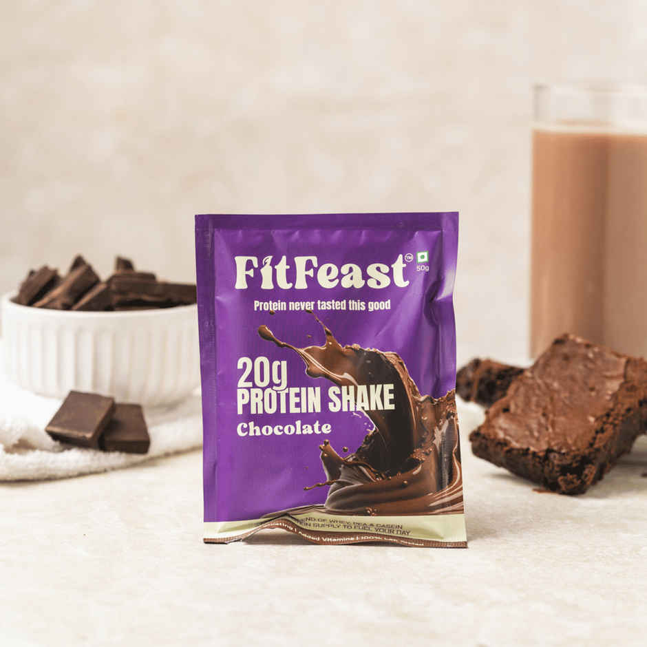 FitFeast Lab-Tested Chocolate 20g Protein Shake Sachets (7) + Free Shaker | Zero Bloating Guarantee