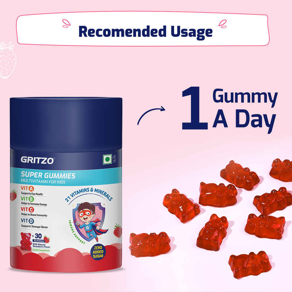 Gritzo Super Gummies, Multivitamin for Kids ( Natural Strawberry Flavour)