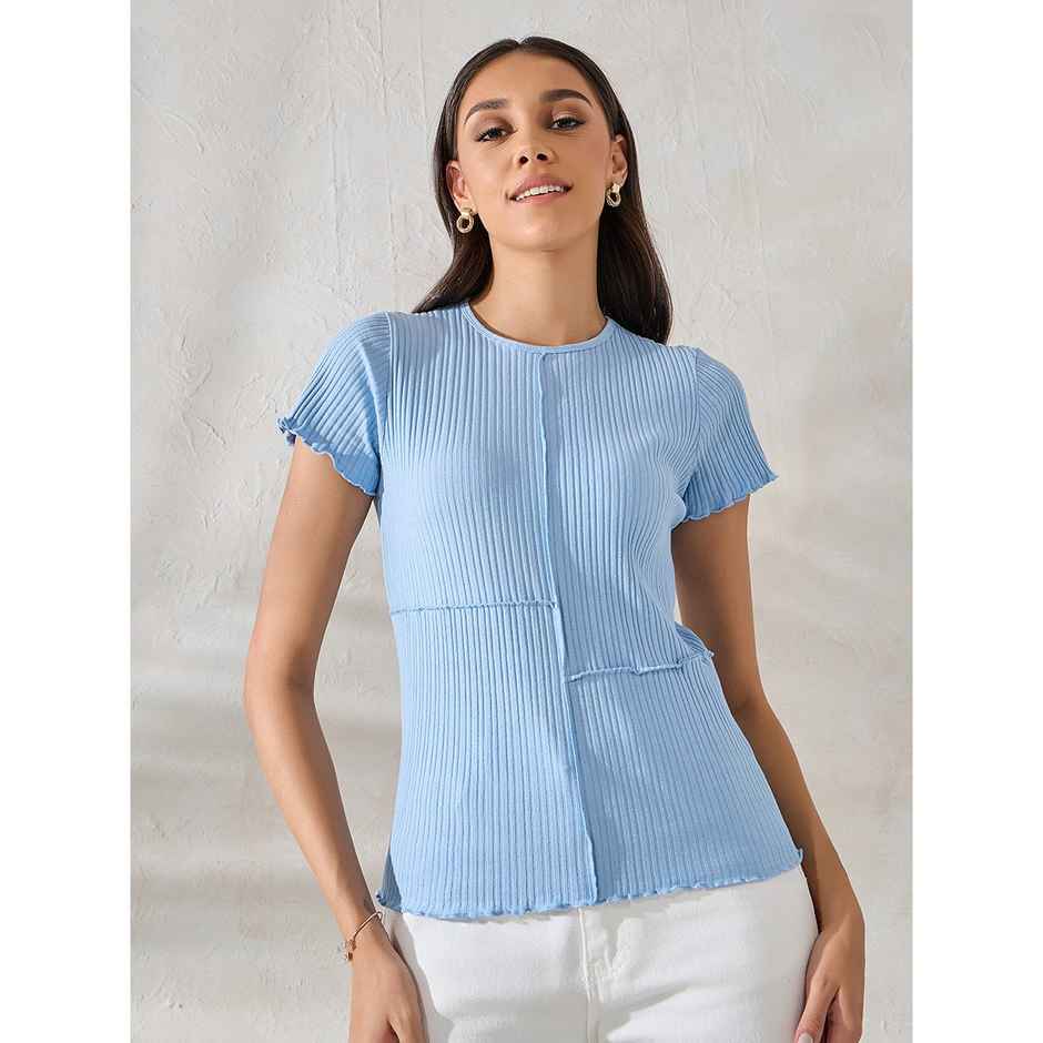 Styli Women Regular Fit Crop Length Exposed Seam Overlock Tops | Blue | M