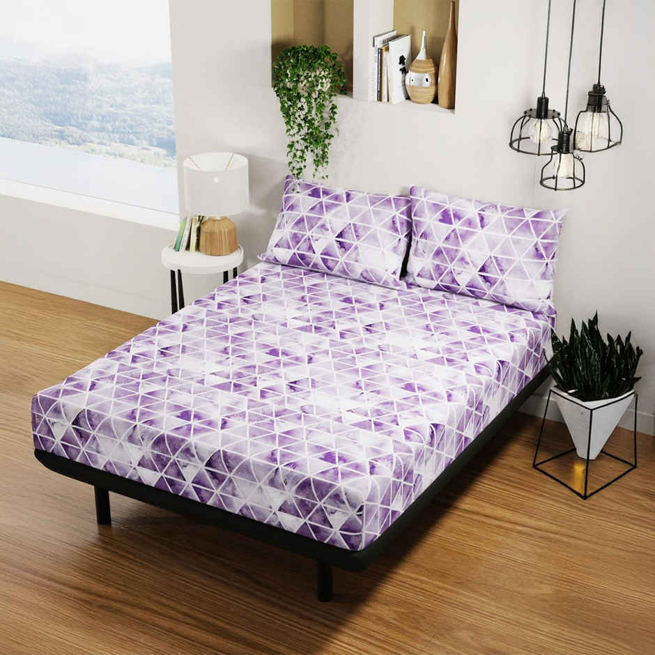 Bianca 100% Pure Cotton Double Bedsheet With 2 Pillow Covers 3pc set | Platinum Geometric - Lilac