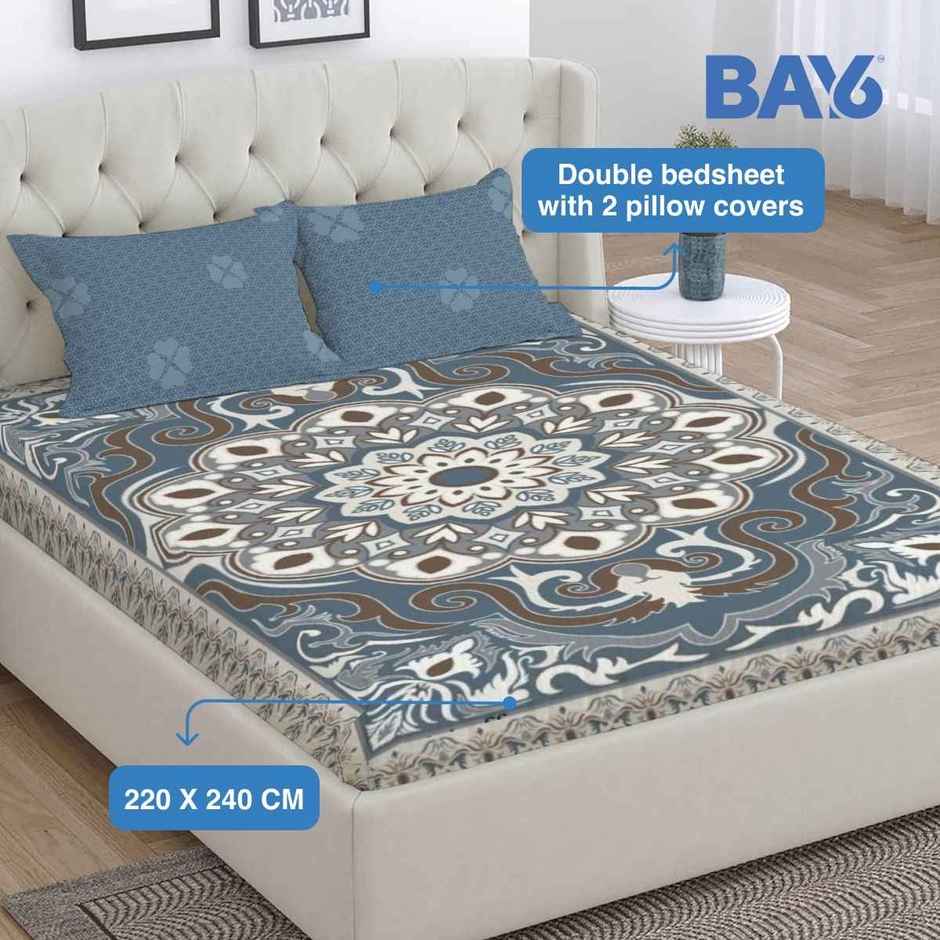 BAY6 Double Microfibre Jaipuri Print Bedsheet with 2 Pillow Covers | Grey | 87 x 94 in