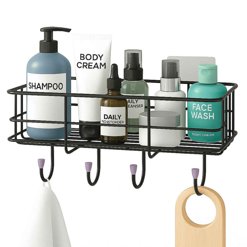 Zulaxy Self Adhesive Rectangular Wall Shelf for Bathroom and Kitchen (Metal, Black)