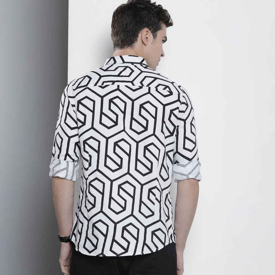 The Indian Garage Co Men's Slim Fit Geometric Print Party Shirt | White - 2XL